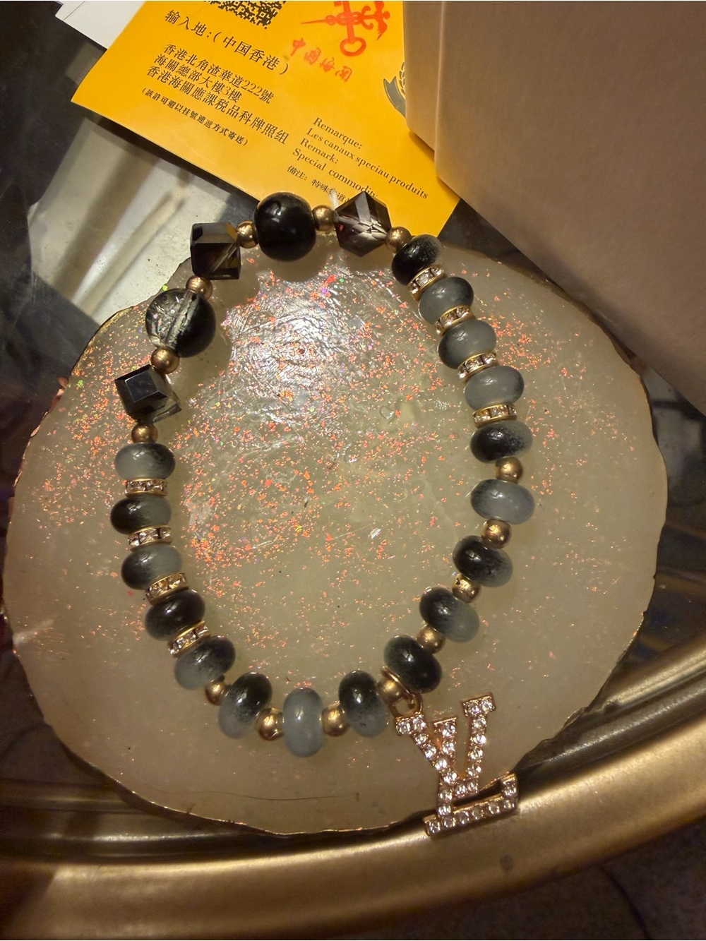 LV-Inspired Black and Gray Beaded Charm Bracelet